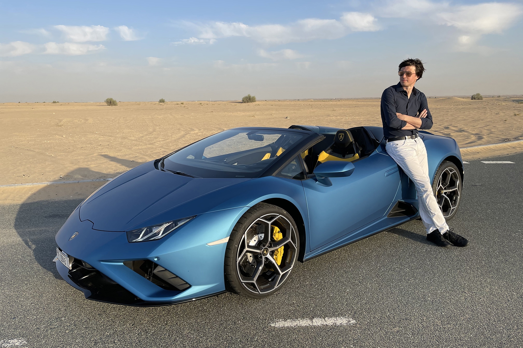 Superior Car Rental Dubai - Lamborghini Huracán EVO RWD Spyder - Luxury Lifestyle - Desert - Blue